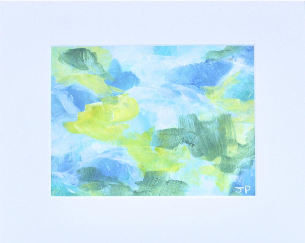Inspire is an abstract painting on paper. this colorful abstract has shades of blue, green, teal, white and yellow. It can be hung either vertically or horizontally. it comes in a white mat.