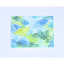 Load image into Gallery viewer, Inspire is an abstract painting on paper. this colorful abstract has shades of blue, green, teal, white and yellow. It can be hung either vertically or horizontally. it comes in a white mat.
