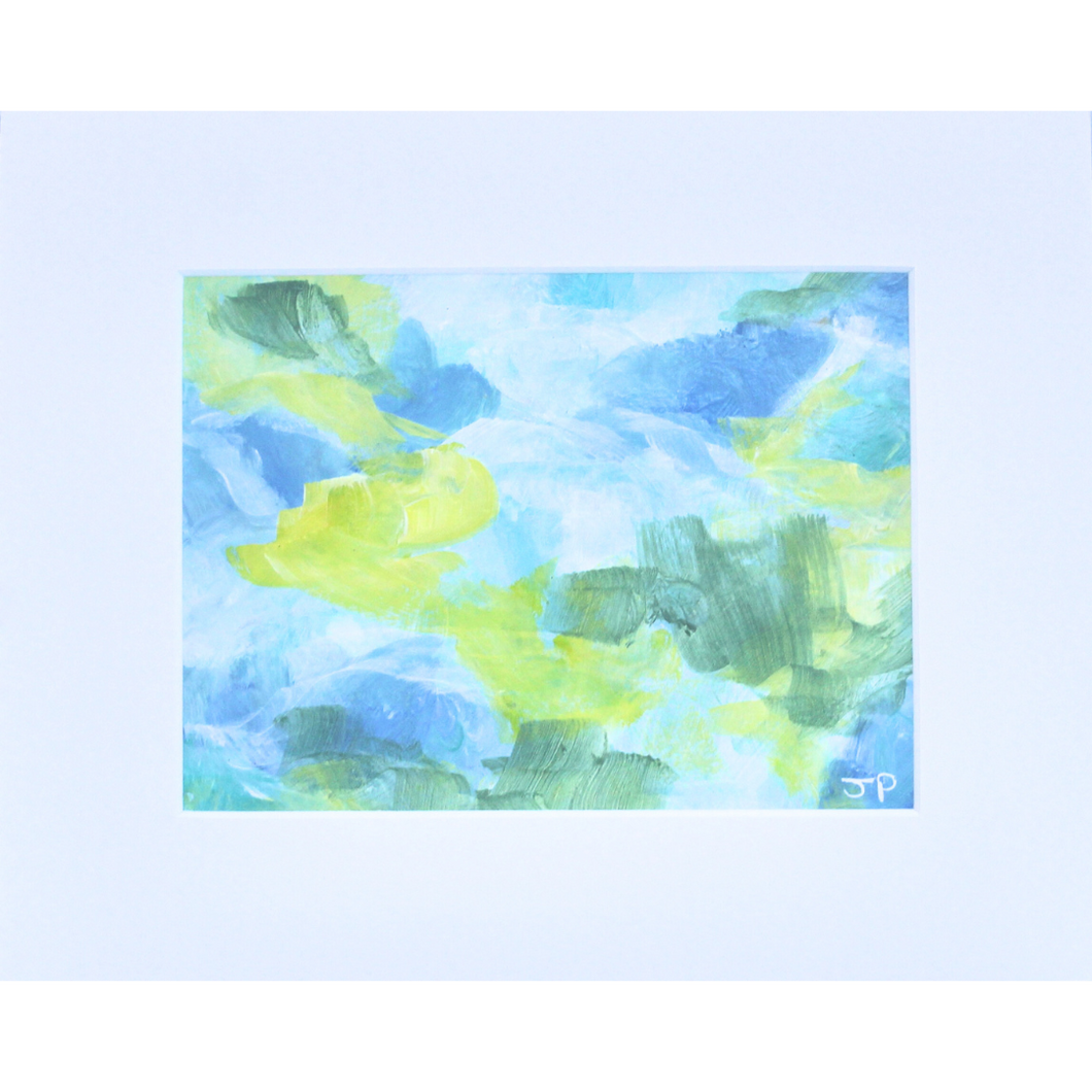 Inspire is an abstract painting on paper. this colorful abstract has shades of blue, green, teal, white and yellow. It can be hung either vertically or horizontally. it comes in a white mat.