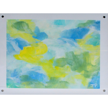 Load image into Gallery viewer, Inspire is a mini abstract painting on paper. This colorful artwork is horizontal and in a magnetic float frame. It has shades of blue, green, white and yellow.
