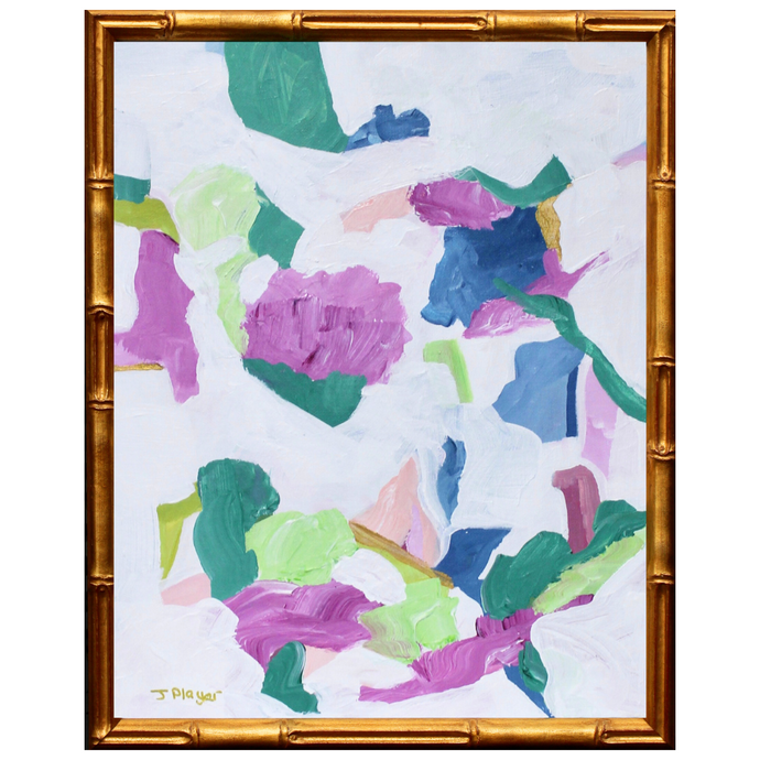 Jewel Box is an abstract artwork on a canvas panel. This painting has shades of magenta, blue, green, white. lime  and gold. It can hang both vertically or horizontally.