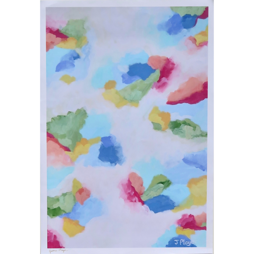This is a colorful abstract art print on paper. It has shades of green, coral, red, pink, yellow, blue, aqua and white. It is signed by the artist on the bottom. J Player. It is a vertical print.