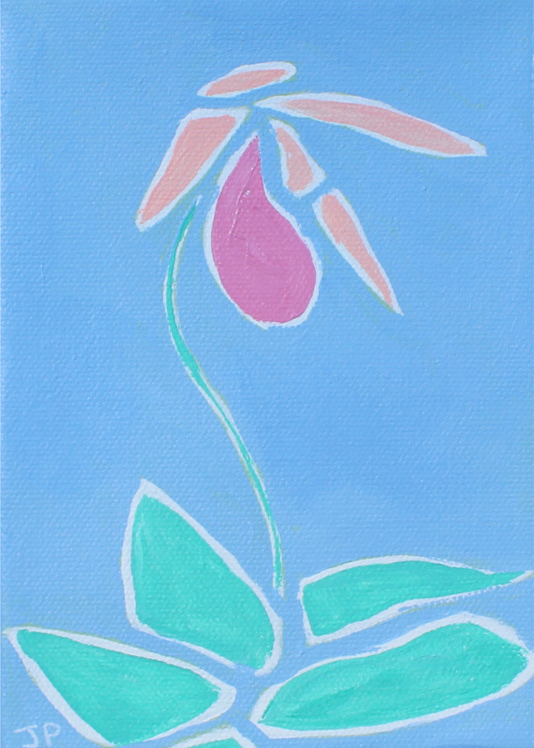 5x7-inch canvas painting of a Lady Slipper Orchid in green, pink, orange, and white on a blue background. This is a maximalist style painting. Bold and colorful art gift for a friend.
