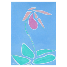 Load image into Gallery viewer, Preppy and modern abstract orchid painting on canvas. This painting has shades of green, pink, orange, white on a blue background. It is vertical. It is a maximalist style painting.
