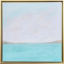 Load image into Gallery viewer, Line on the Horizon 2 is a colorful abstract coastal landscape painting on canvas. This aqua, white, gray and brown painting shows the water with land near the middle and thesky above. It is in a gold float frame.
