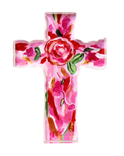 Load image into Gallery viewer, The Love Cross is a freestanding acrylic block. This abstract floral cross has shades of pink, red, white, green, and gold. It is vertical art print attached to an acrylic block.
