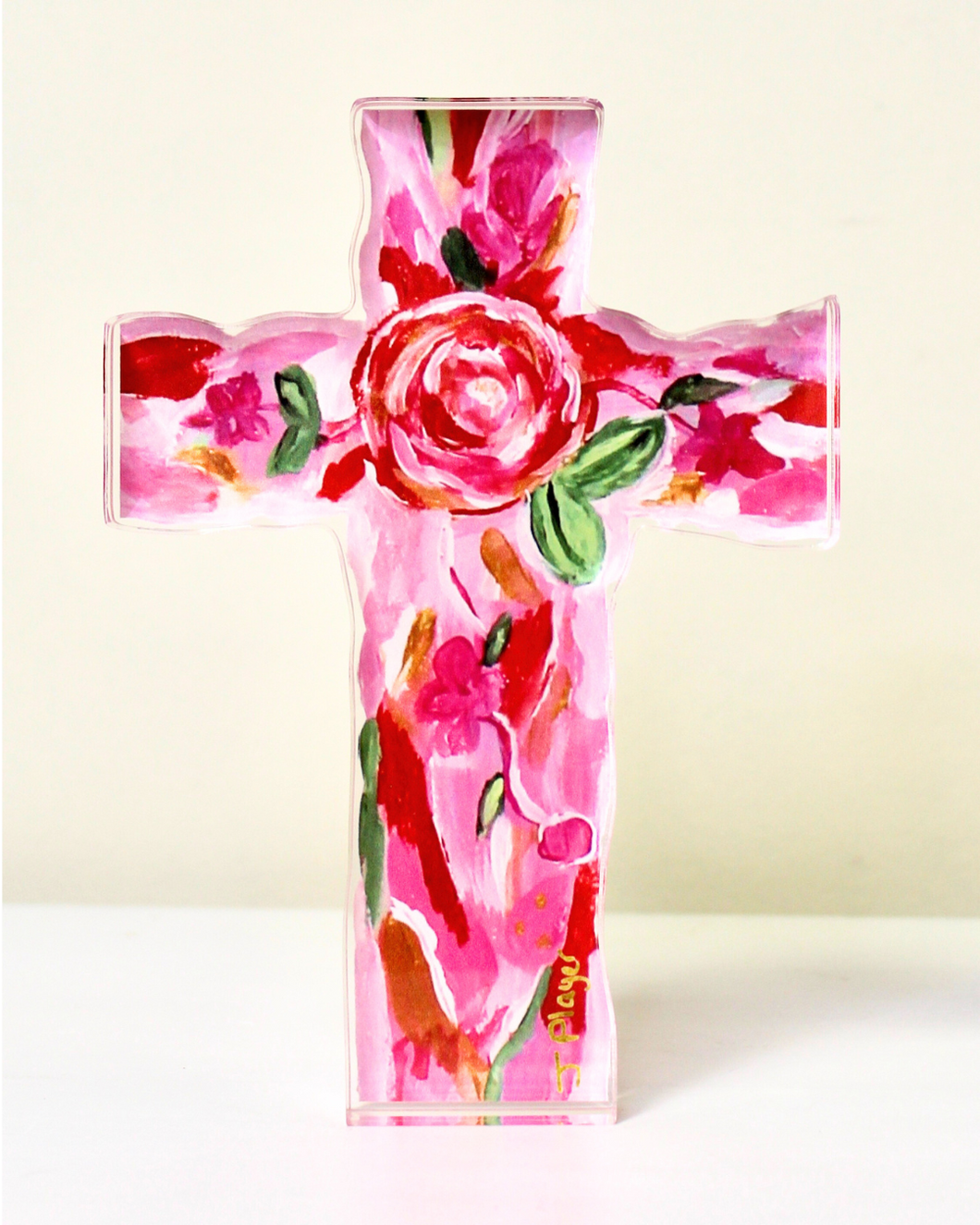 Love Cross Acrylic Block Art featuring an abstract floral cross in red, pink, green, gold, and white by Jeanne Player Fine Art.
