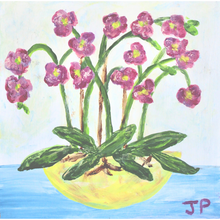 Load image into Gallery viewer, Magenta Orchids is a square floral original art on a wood panel. This painting has a yellow bowl of magenta orchids. There are green leaves and brown roots over the side of the bowl. The table is blue the bowl is on with a whtie background. The pink orchids have a yellow center.
