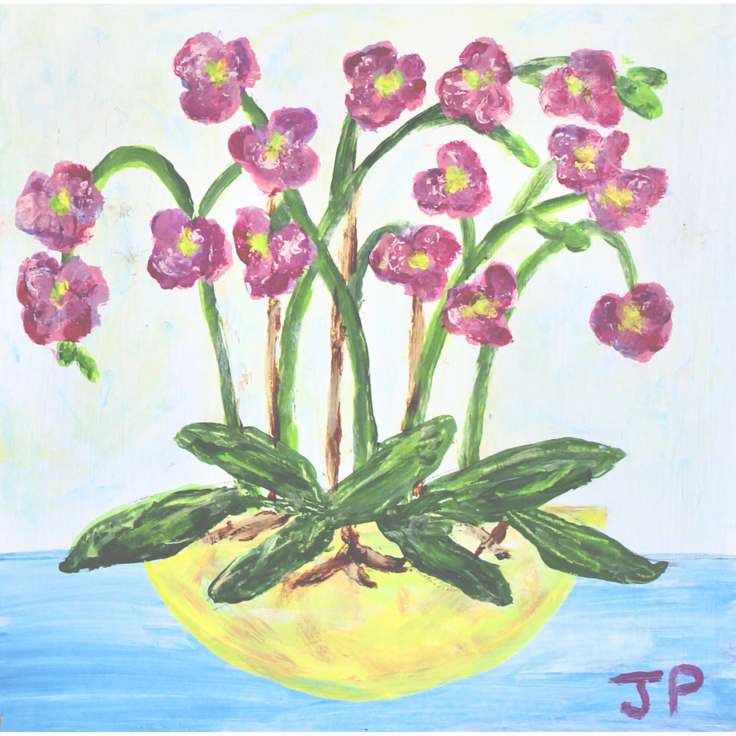 Magenta Orchids is a square floral original art on a wood panel. This painting has a yellow bowl of magenta orchids. There are green leaves and brown roots over the side of the bowl. The table is blue the bowl is on with a whtie background. The pink orchids have a yellow center.