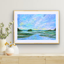 Load image into Gallery viewer, Colorful marsh art print.  This low country inspired artwork has shades of blue, green, yellow, pink, white, tan, purple and brown. It shows a sunset over a marsh with the colors reflecting in the sky.  This print brings memories of Charleston, Wilmington, Savannah as well as other coastal areas.
