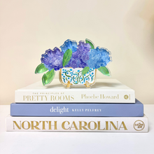 Load image into Gallery viewer, Floral acrylic shelf sitter with blue and purple hydrangeas and gold accents ideal for gifting and home styling.
Elegant hydrangea acrylic art block featuring original floral artwork reproduction with a modern three-dimensional acrylic finish.
