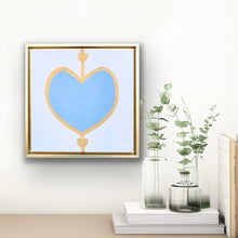 Load image into Gallery viewer, Sophisticated modern heart painting perfect for stylish interiors and shelf décor.
Original contemporary heart artwork in blue and gold framed in a modern gold float frame.

