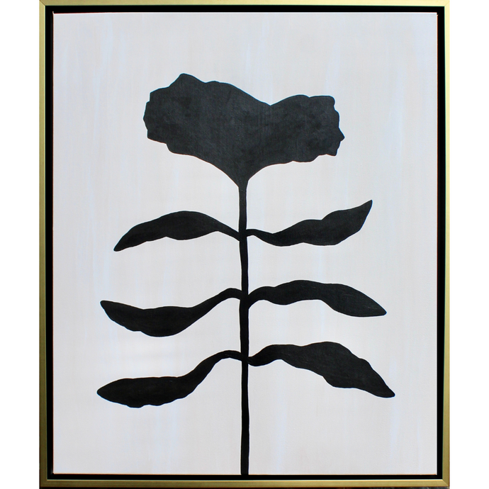 Modern bold Black flower silhouette on a white and tan canvas. This vertical painting is in a gold and black float frame. It is a part ot the monochrome botanical series.