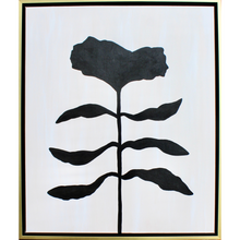 Load image into Gallery viewer, Organic modern black flower silhouette on an abstract white and tan background. This is a vertical painting on canvas.  This funky floral art is in a gold and black float frame. 
