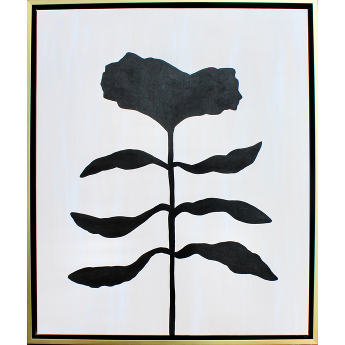 Organic modern black flower silhouette on an abstract white and tan background. This is a vertical painting on canvas.  This funky floral art is in a gold and black float frame. 