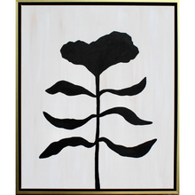 Load image into Gallery viewer, Organic modern black flower silhouette on an abstract white and tan canvas. This happy floral painting has a flower at the top with three leaves on each side of the stem. It is vertical and comes in a gold and black float frame.
