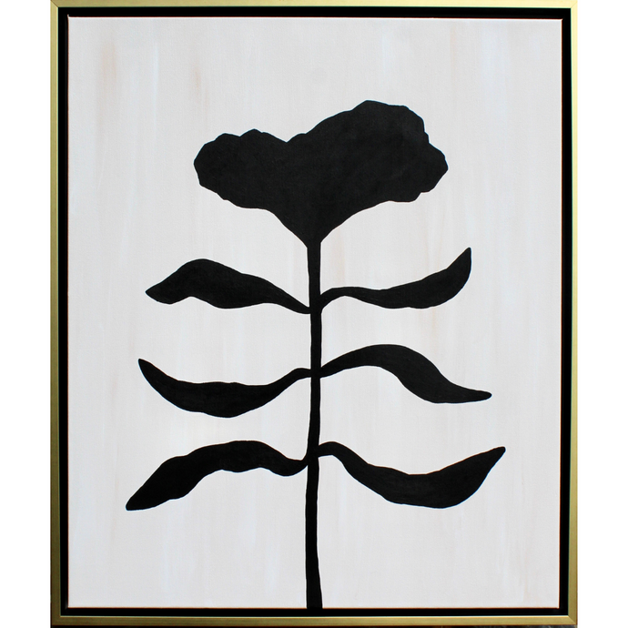 Organic modern black flower silhouette on an abstract white and tan canvas. This happy floral painting has a flower at the top with three leaves on each side of the stem. It is vertical and comes in a gold and black float frame.