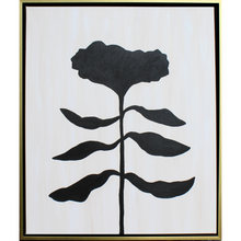 Load image into Gallery viewer, Organic Modern Black flower silhouette on a white and tan canvas. This vertical funky floral painting is in a gold and black float frame. It is a part ot the monochrome botanical series.
