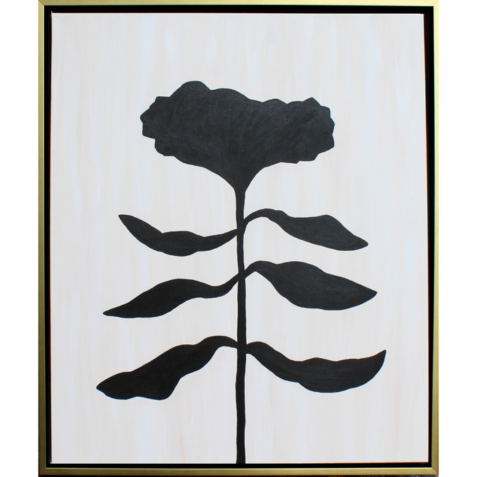 Organic Modern Black flower silhouette on a white and tan canvas. This vertical funky floral painting is in a gold and black float frame. 