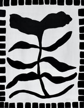 Load image into Gallery viewer, This is a monochrome botanical on paper. it is a black and white floral artwork. It is a whimsical silhouette of a flower. It has a black border design and is a vertical original work of art.
