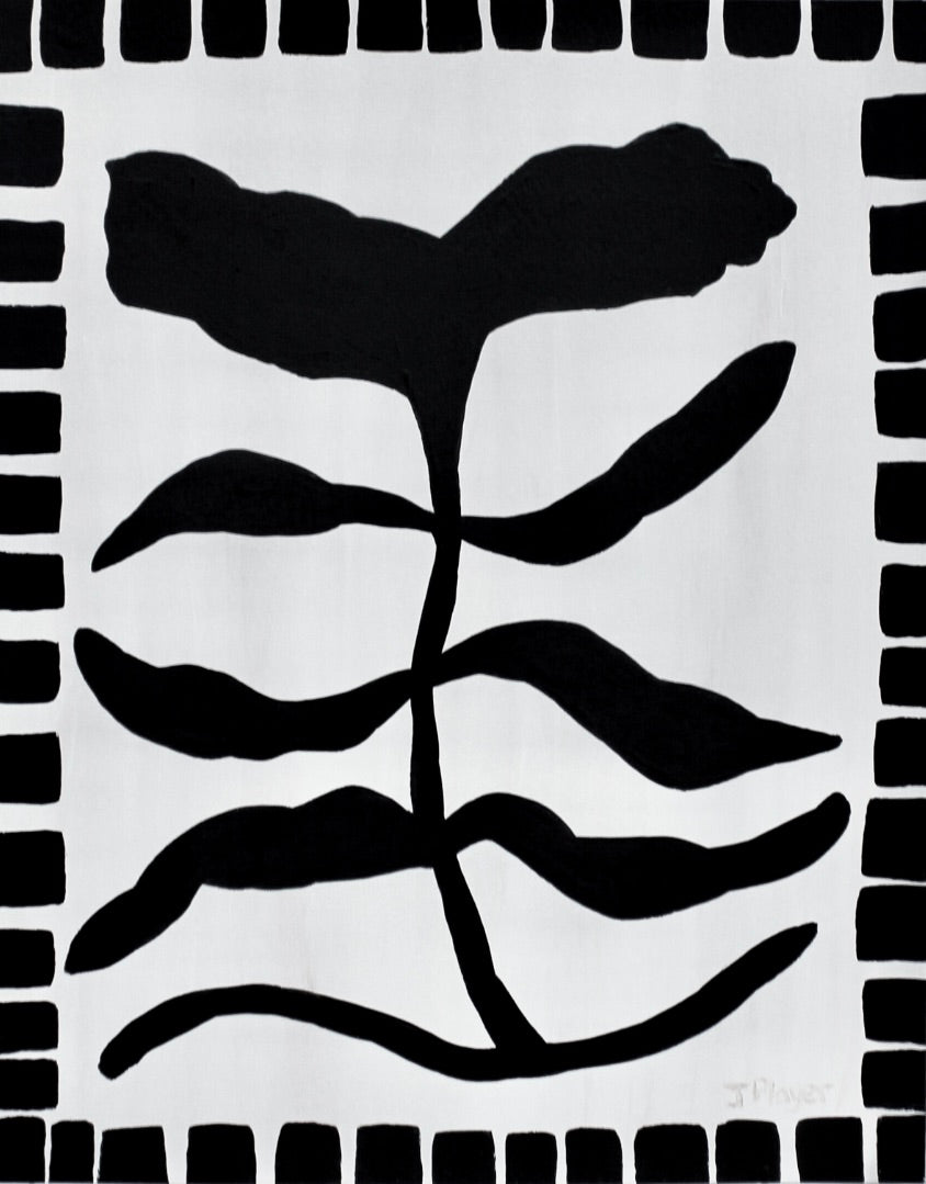 This is a monochrome botanical on paper. it is a black and white floral artwork. It is a whimsical silhouette of a flower. It has a black border design and is a vertical original work of art.