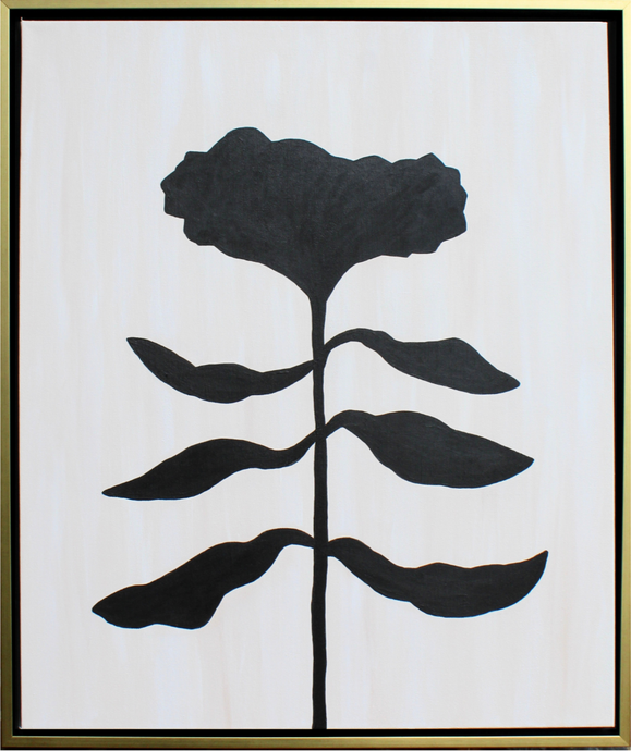 Organic Modern Black flower silhouette on a white and tan canvas. This vertical funky floral painting is in a gold and black float frame. 