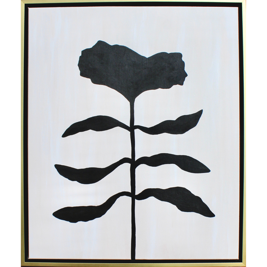 Organic modern black flower silhouette on an abstract white and tan background. This is a vertical painting on canvas. This funky floral art is in a gold and black float frame.
