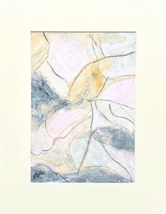 Mysterious is an mixed media abstract on paper. This artwork has moody shades of black, gray, white, gold and pink.  It can be displayed vertically or horizontally. It has a cream mat.