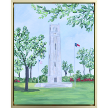 Load image into Gallery viewer, NC State University Bell Tower is an original modern impressionistic painting on a gallery wrapped canvas. This vertical painting measures 11 x 14 inches and comes in a gold float frame. It has colors of green, blue, yellow, white, gray.  It is a springtime painting with flowering trees and azaleas.  There is a US flag on one side and a NC State flag on the other.
