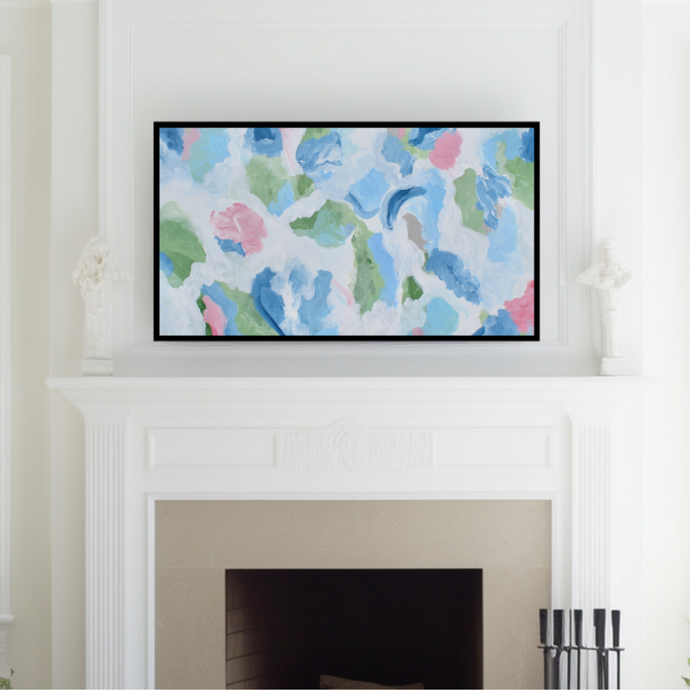New Beginning is a colorful abstract artwork that is available as a tv download. This painting has shades of blue, white pink green and gray.  It is a coastal inspired art for tv