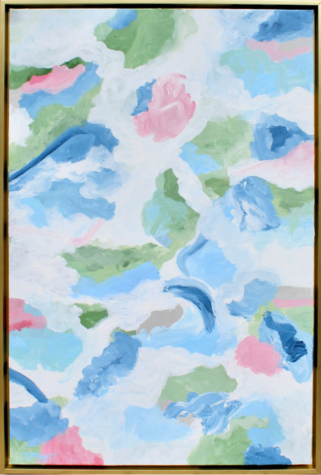 A Coastal inspired abstract art with heavy texture. It has shades of blue, green, pink, gray and white. It is in a gold float frame and can either hang vertically or horizontally.