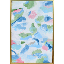 Load image into Gallery viewer, A Coastal inspired abstract art with heavy texture. It has shades of blue, green, pink, gray and white. It is in a gold float frame and can either hang vertically or horizontally.
