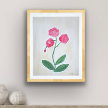 Load image into Gallery viewer, A modern southern floral art print. This is a vertical print on paper. The print has three red blooms and three green leaves.  It is on a tan backgrouond.  
