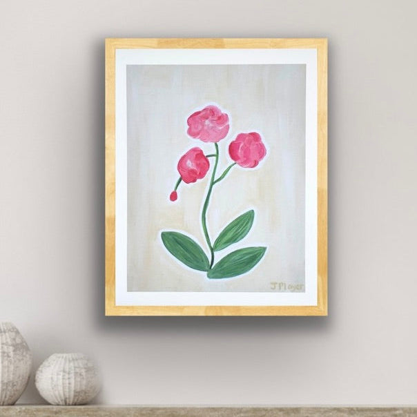 A modern southern floral art print. This is a vertical print on paper. The print has three red blooms and three green leaves.  It is on a tan backgrouond.  
