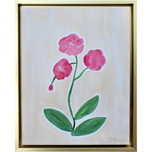 Load image into Gallery viewer, A modern botanical silhouette on canvas. This whimsical orchid painting has shades of red, green, white and tan. it comes in a gold float frame. It is a vertical painting.
