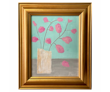 Load image into Gallery viewer, Orchids is a mixed media floral silhouette painting on canvas. This flower art has shades of gray, teal, pink, gold and white. It is an abstract floral artwork that is a vertical painting 

