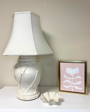 Load image into Gallery viewer, Feminine art with a white flower on a soft blush pink background.  Original small art styled on a table or would look lovely on a bookcase. 
