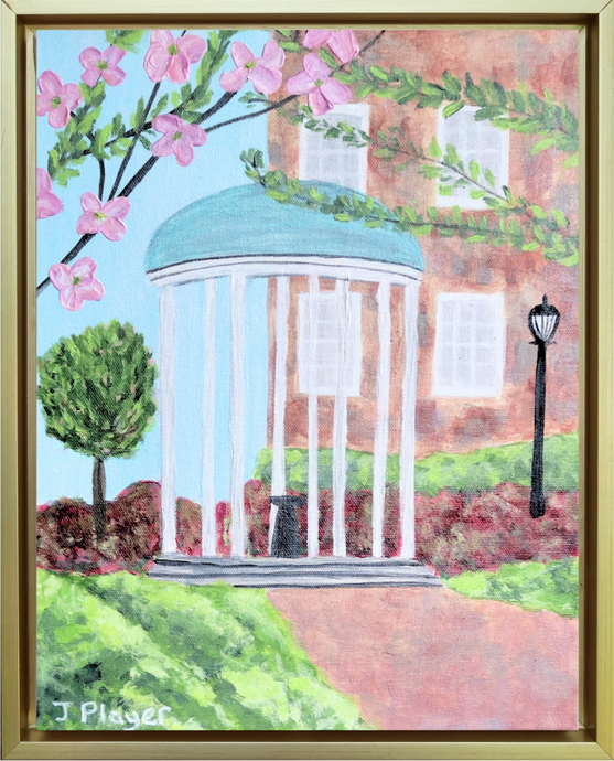 UNC Old Well canvas painting with textured brushstrokes in a gold float frame, 11x14 inches, by Jeanne Player Fine Art. Capture the spirit of UNC Chapel Hill with this original UNC Old Well canvas artwork. A perfect graduation gift or alumni keepsake, framed in gold.
