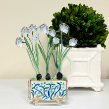 Load image into Gallery viewer, This acrylic block art piece displays a vibrant arrangement of paperwhite flowers in a stylish cachepot, reproduced from original artwork by Jeanne Player Fine Art. The freestanding design allows for versatile display, with the image visible from both sides. Measuring 5 x 7 x 0.75 inches, it&#39;s an ideal addition to any floral or nature-themed decor.
