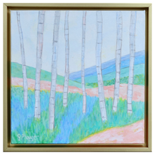 Load image into Gallery viewer, Abstract Painting with Birch Trees on a pastel landscape background with mountains and hills in the background.. This painting is square and has shades of pink, blue, green, yellow, white, gray. It is in a gold float frame.
