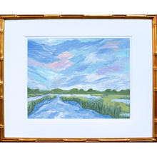 Load image into Gallery viewer, Original coastal marsh landscape painting featuring soft pastel blues, greens, blush, and white tones.
