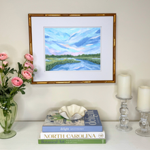 Load image into Gallery viewer, Framed marsh landscape painting with white mat and optional gold bamboo frame for elegant coastal decor.
