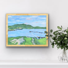 Load image into Gallery viewer, Framed giclée art print of Pebble Beach&#39;s 17th hole, showcasing the iconic green with views of Stillwater Cove and the Carmel Highlands, painted by Jeanne Player.
