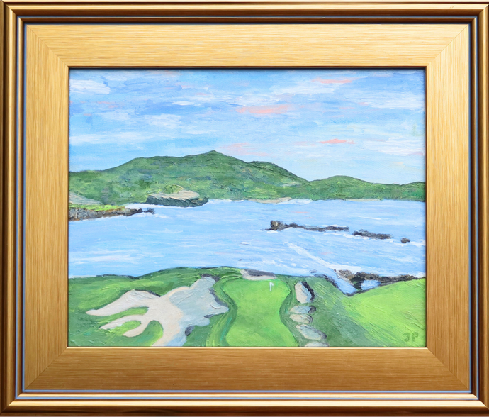 Original acrylic painting of Pebble Beach's 17th hole by Jeanne Player, featuring the iconic green with views of Stillwater Cove and the Carmel Highlands, framed in gold.