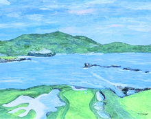 Load image into Gallery viewer, Pebble Beach Art Print. This is  a landscape print of the 17th hole at pebble beach. It has the golf course, the bay and mountains in the background.
