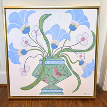 Load image into Gallery viewer, Contemporary floral wall art with stylized blue petals and cherry blossom branches, original acrylic painting on canvas
