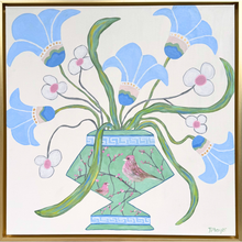 Load image into Gallery viewer, Original abstract floral painting featuring whimsical blue flowers in a chinoiserie vase with cherry blossoms and purple finch birds, in soft blue, green, pink, and gold tones on a white background.
