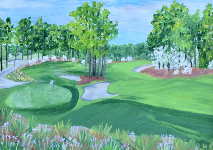 An abstract landscape painting of Pinehurst No 2 Golf Course. This original artwork was reproduced on heavy weight paper and affized to a free standing acrylic block. It has a 3 -demensional apprearance The image is visible from all sides.