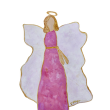 Load image into Gallery viewer, Free standing Pink Angel Acrylic Block cut out.  This preppy pink angel has a gold sash, white wings, a gold halo, and golden hair.  She is outlined with a gold border.
