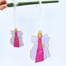 Load image into Gallery viewer, Preppy Pink and White Angel Ornaments. These angels have a gold sash and halo and are outlined in gold. They are made of shatterproof acrylic.
